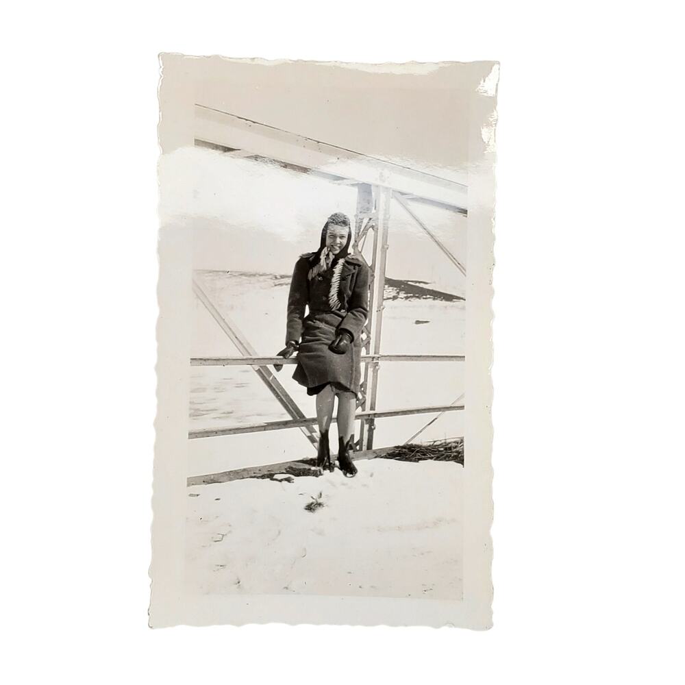 Vtg Pretty Young Woman Posing on Fence in Snow Original Monochrome Photography